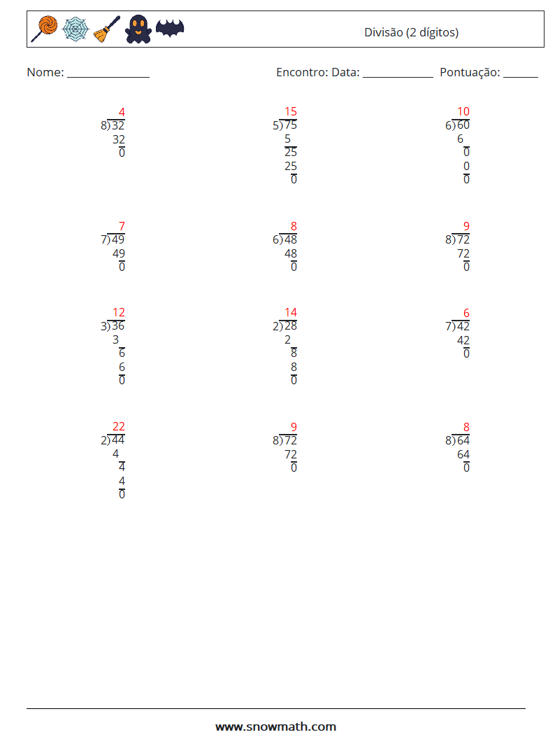 (12) Divisão (2 dígitos) planilhas matemáticas 12 Pergunta, Resposta