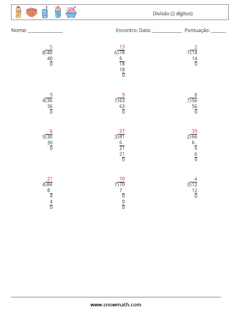 (12) Divisão (2 dígitos) planilhas matemáticas 15 Pergunta, Resposta