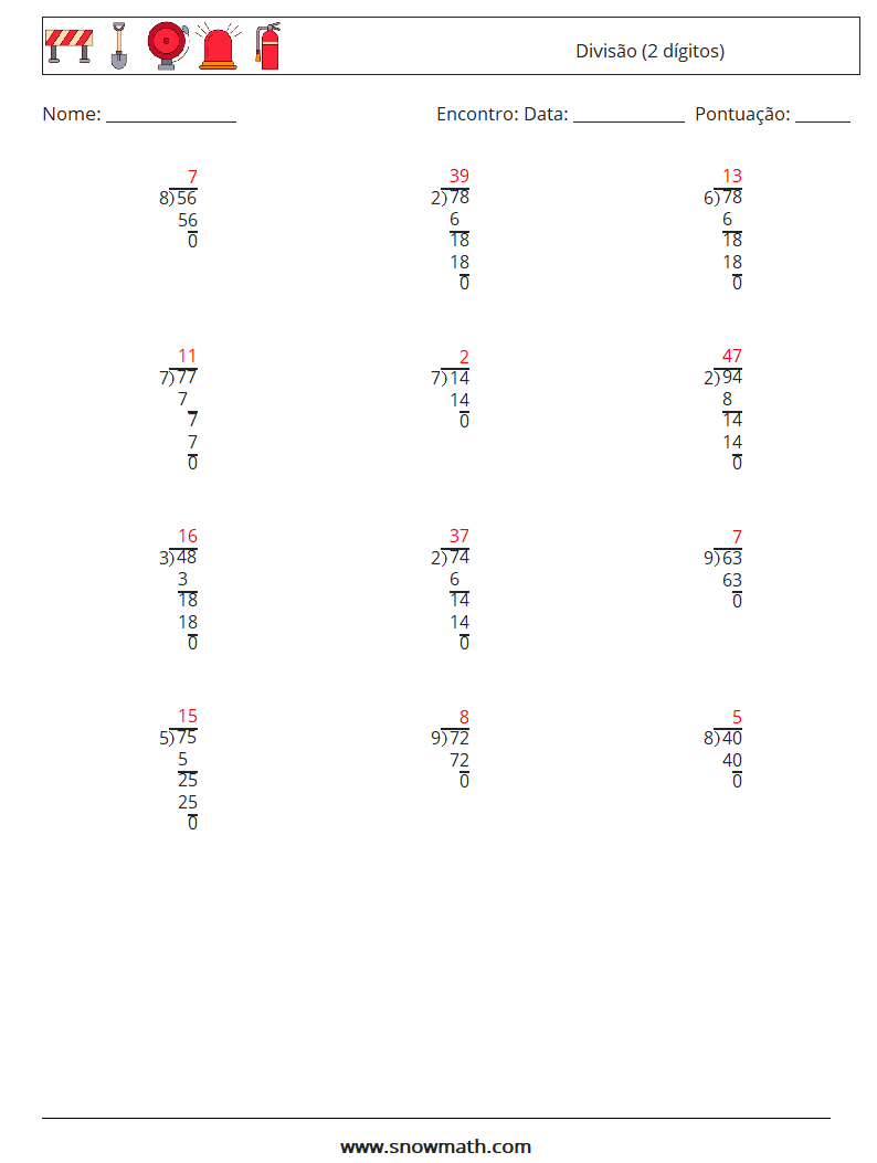 (12) Divisão (2 dígitos) planilhas matemáticas 18 Pergunta, Resposta