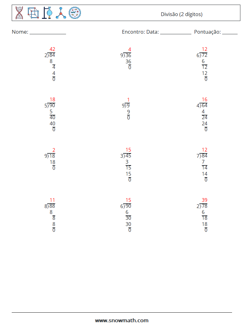 (12) Divisão (2 dígitos) planilhas matemáticas 1 Pergunta, Resposta