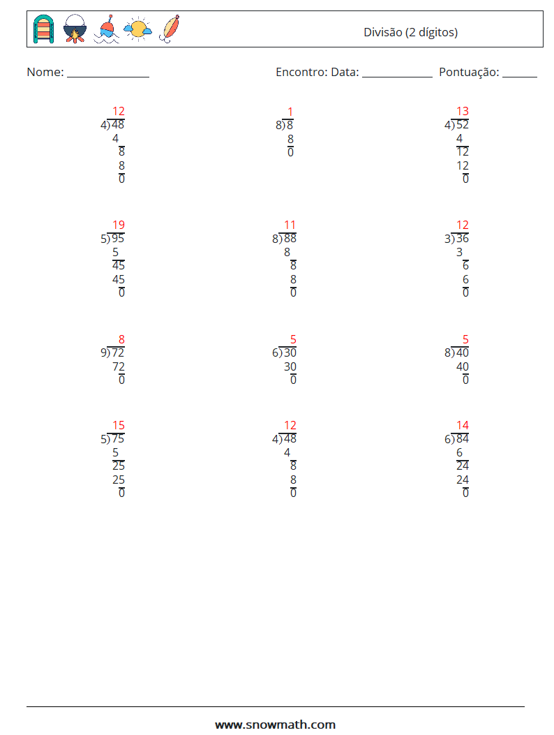 (12) Divisão (2 dígitos) planilhas matemáticas 5 Pergunta, Resposta