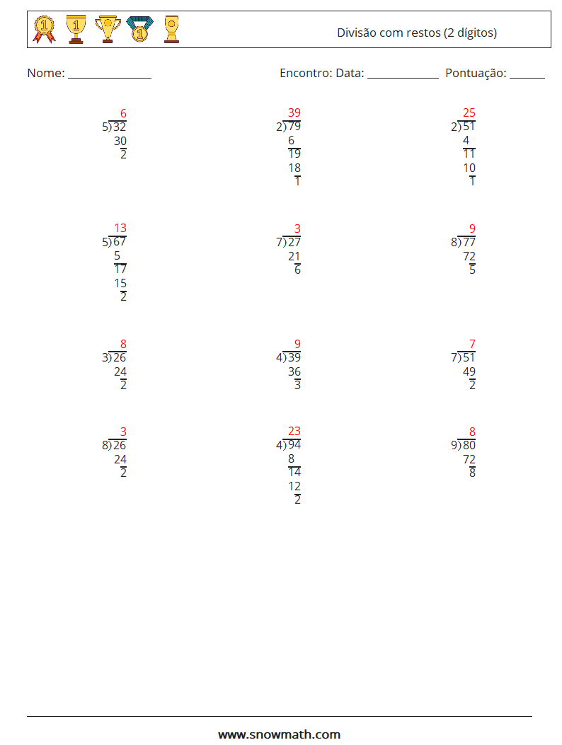 (12) Divisão com restos (2 dígitos) planilhas matemáticas 10 Pergunta, Resposta