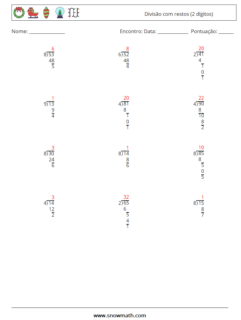 (12) Divisão com restos (2 dígitos) planilhas matemáticas 11 Pergunta, Resposta