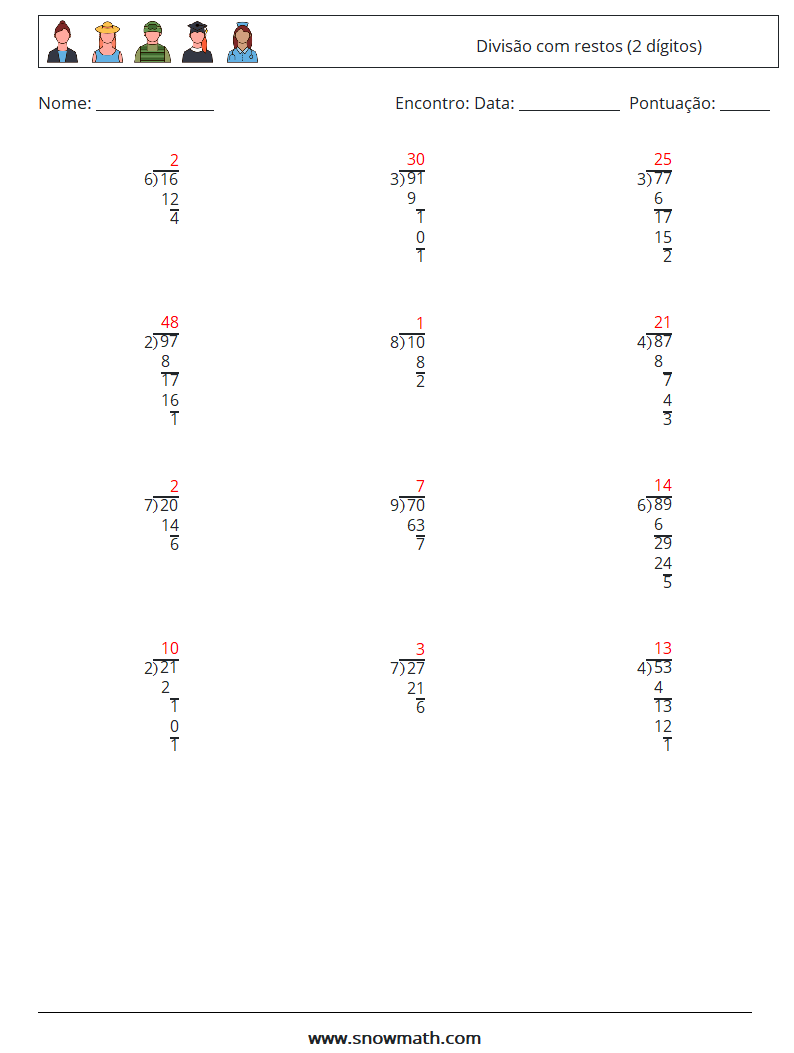 (12) Divisão com restos (2 dígitos) planilhas matemáticas 14 Pergunta, Resposta