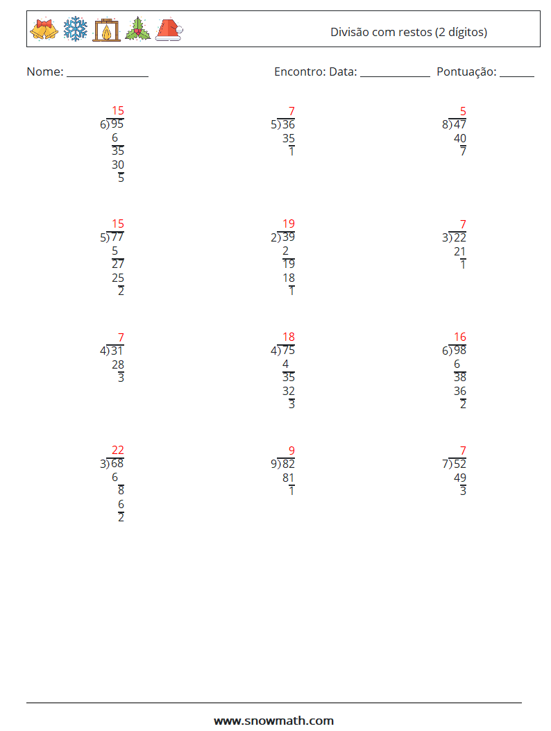 (12) Divisão com restos (2 dígitos) planilhas matemáticas 15 Pergunta, Resposta