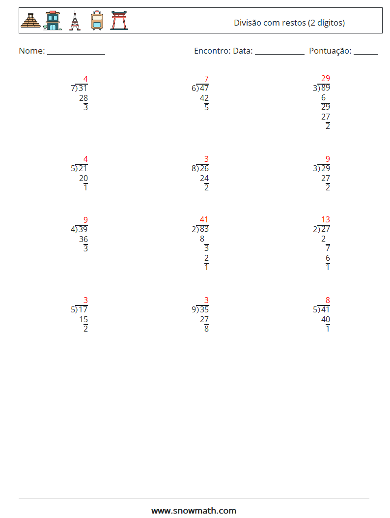 (12) Divisão com restos (2 dígitos) planilhas matemáticas 16 Pergunta, Resposta