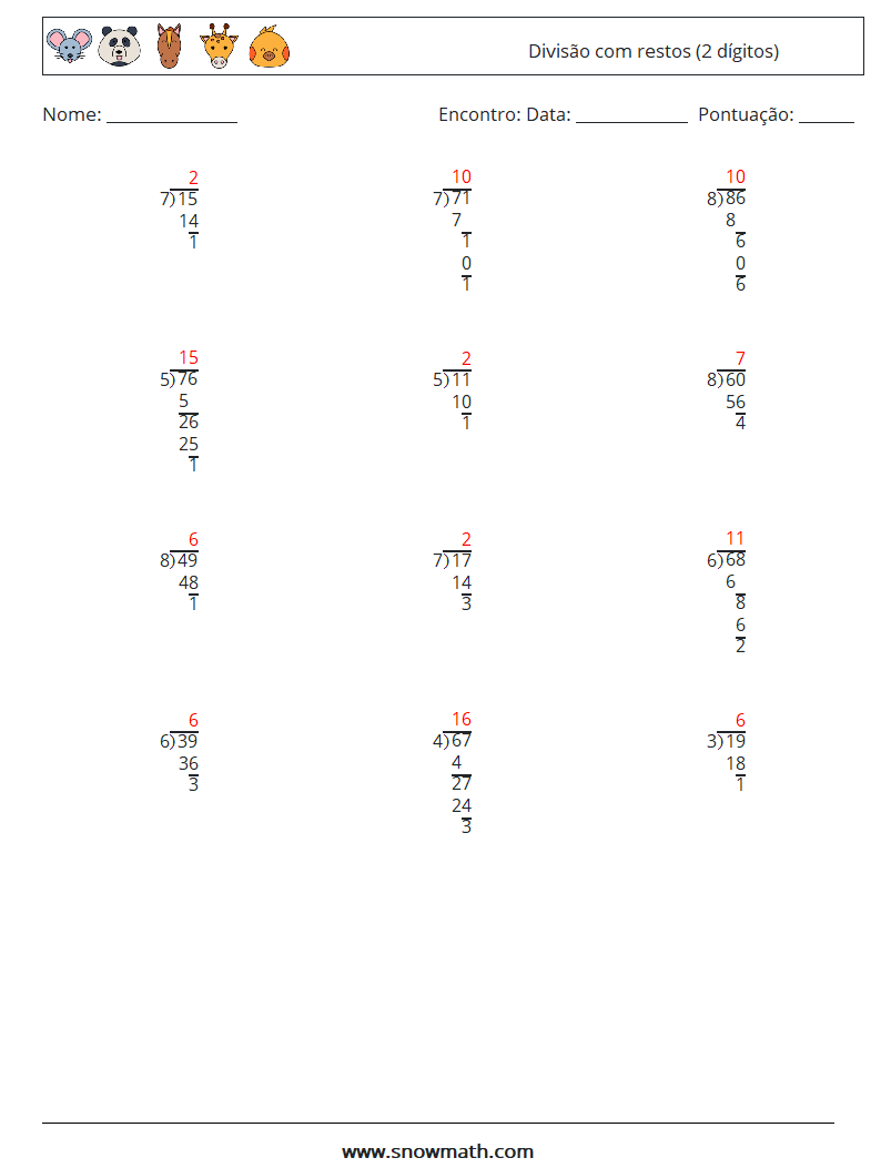 (12) Divisão com restos (2 dígitos) planilhas matemáticas 17 Pergunta, Resposta