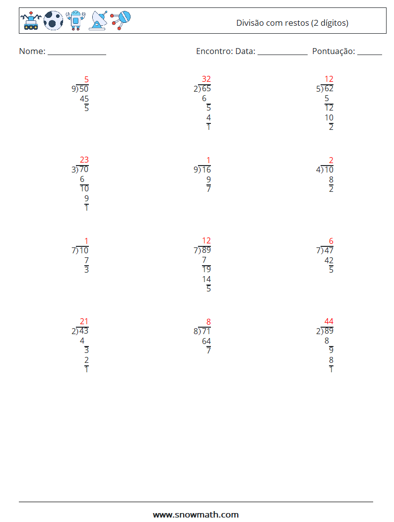 (12) Divisão com restos (2 dígitos) planilhas matemáticas 1 Pergunta, Resposta