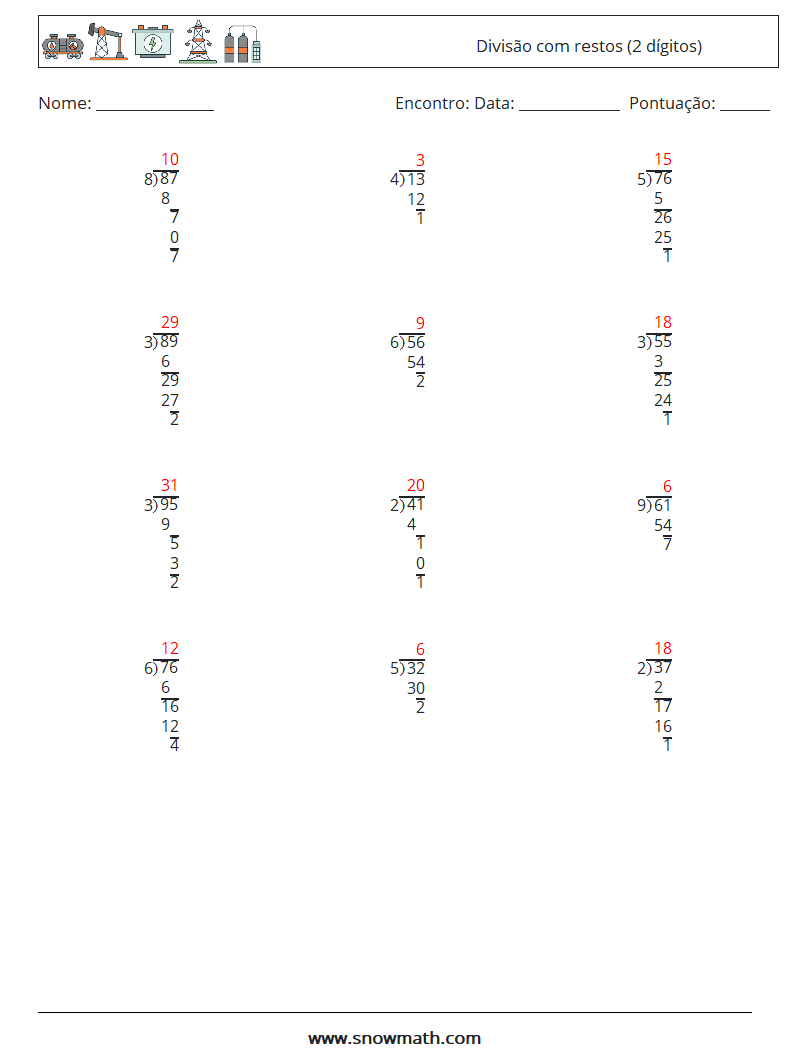 (12) Divisão com restos (2 dígitos) planilhas matemáticas 3 Pergunta, Resposta
