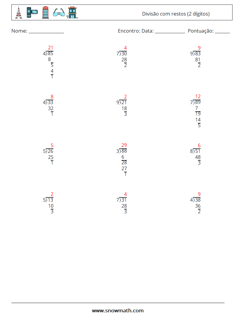 (12) Divisão com restos (2 dígitos) planilhas matemáticas 4 Pergunta, Resposta