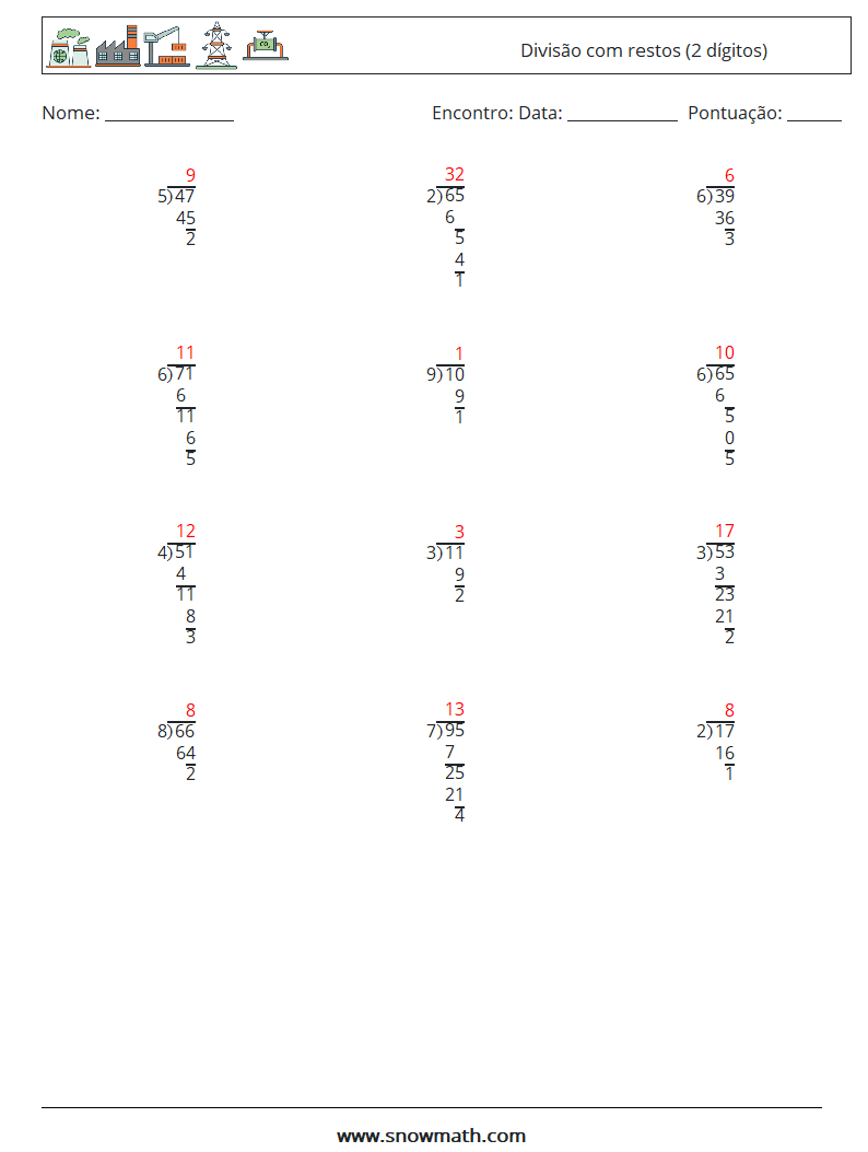 (12) Divisão com restos (2 dígitos) planilhas matemáticas 6 Pergunta, Resposta