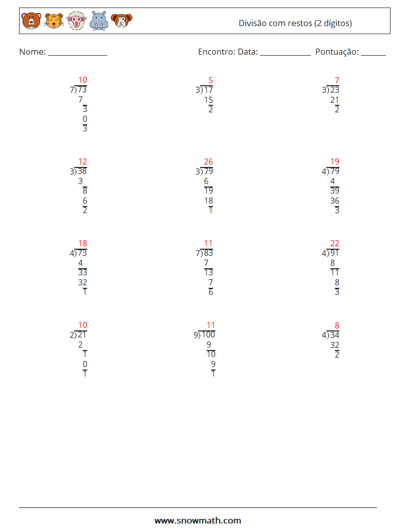 (12) Divisão com restos (2 dígitos) planilhas matemáticas 7 Pergunta, Resposta