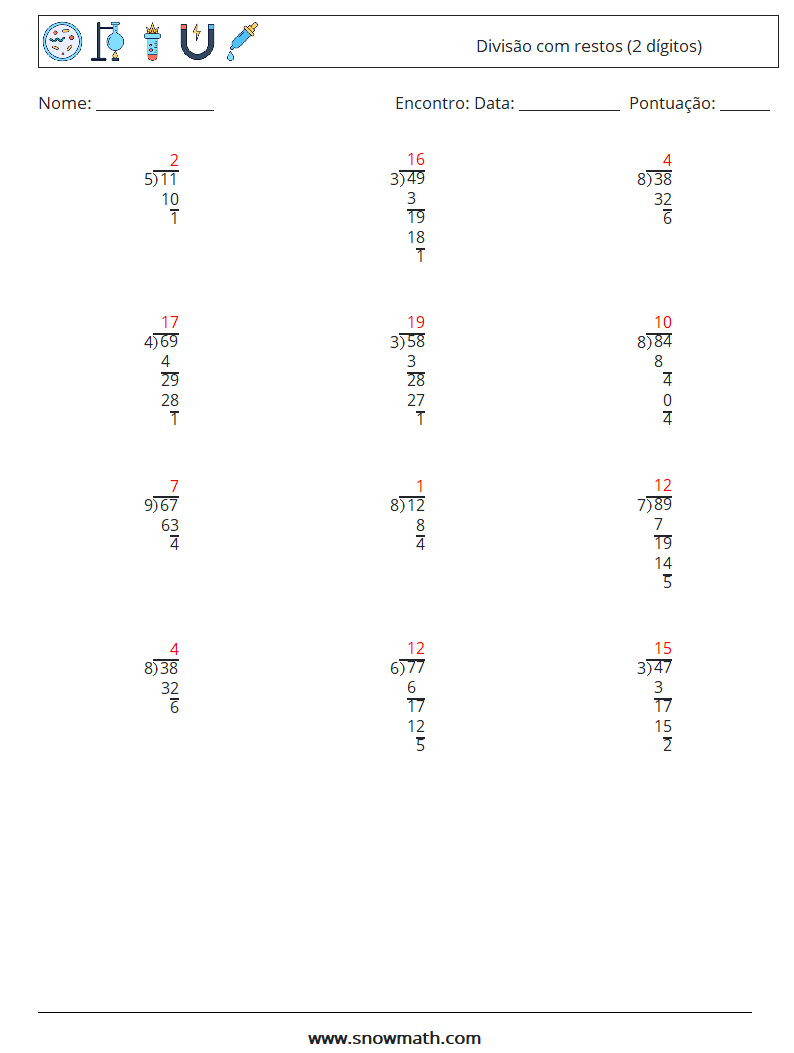 (12) Divisão com restos (2 dígitos) planilhas matemáticas 8 Pergunta, Resposta