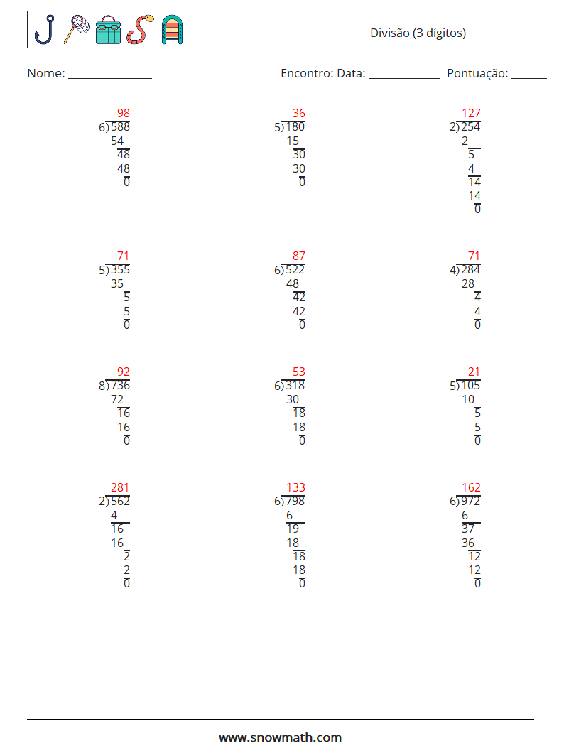 (12) Divisão (3 dígitos) planilhas matemáticas 13 Pergunta, Resposta