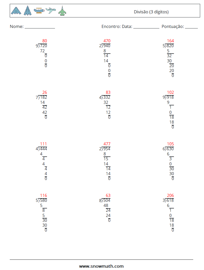 (12) Divisão (3 dígitos) planilhas matemáticas 15 Pergunta, Resposta