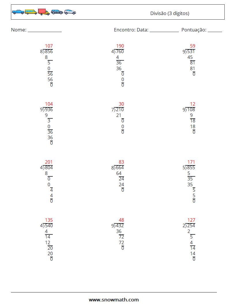 (12) Divisão (3 dígitos) planilhas matemáticas 16 Pergunta, Resposta