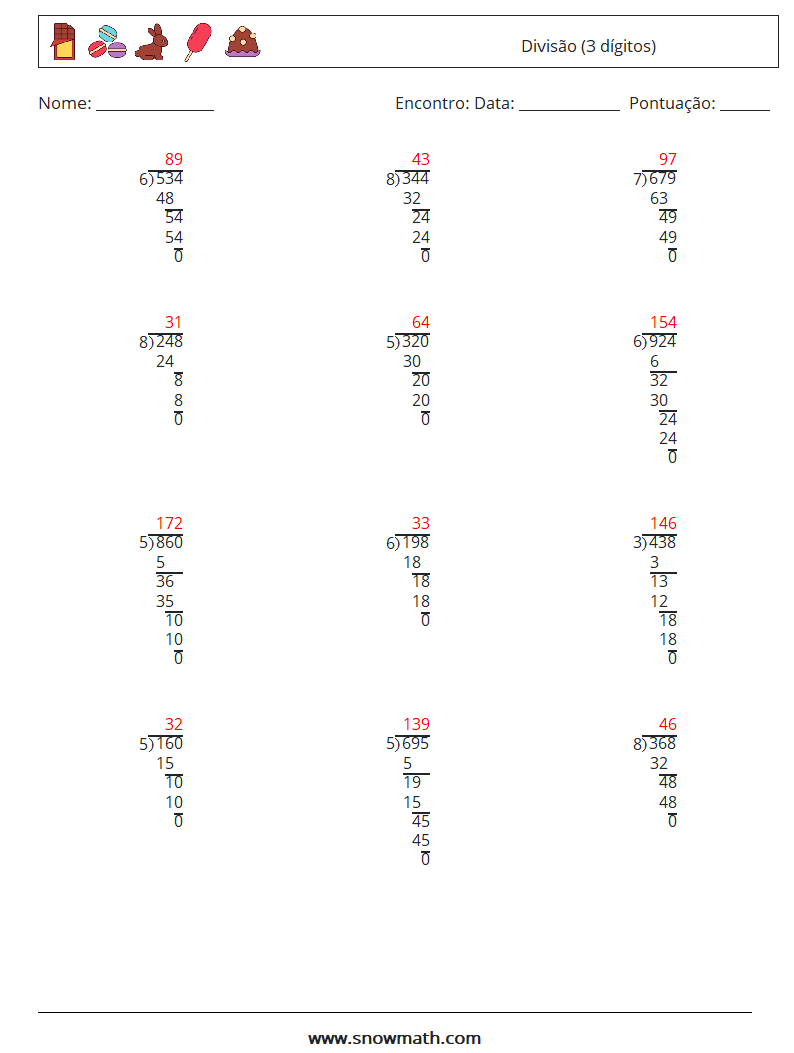 (12) Divisão (3 dígitos) planilhas matemáticas 4 Pergunta, Resposta