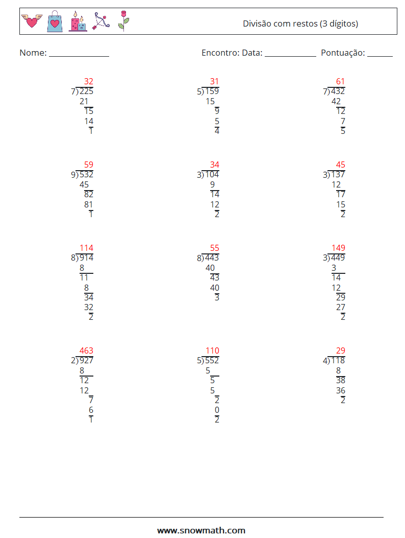 (12) Divisão com restos (3 dígitos) planilhas matemáticas 11 Pergunta, Resposta