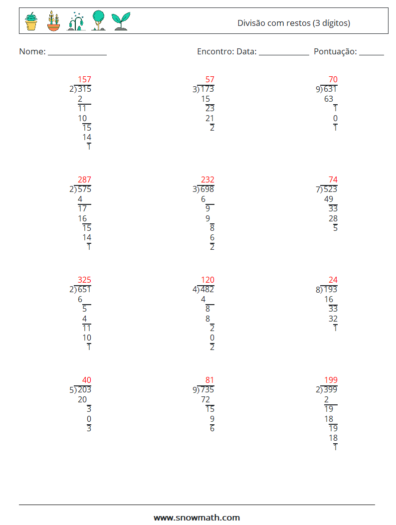 (12) Divisão com restos (3 dígitos) planilhas matemáticas 13 Pergunta, Resposta