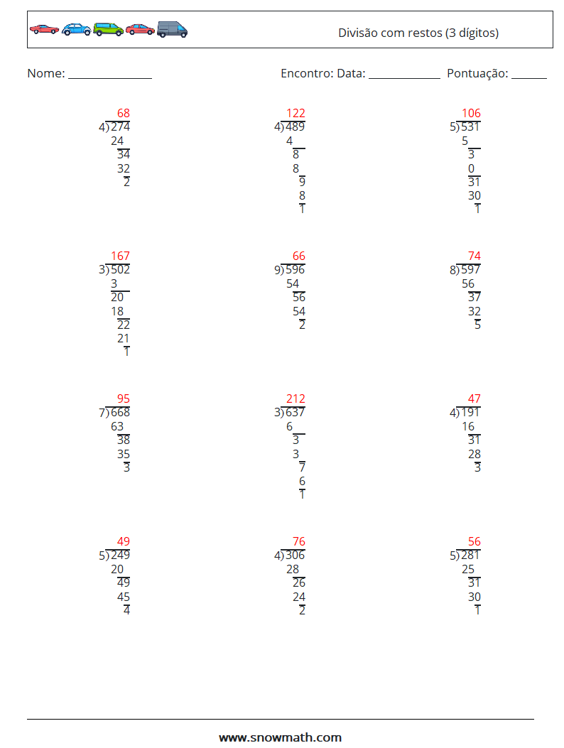 (12) Divisão com restos (3 dígitos) planilhas matemáticas 17 Pergunta, Resposta