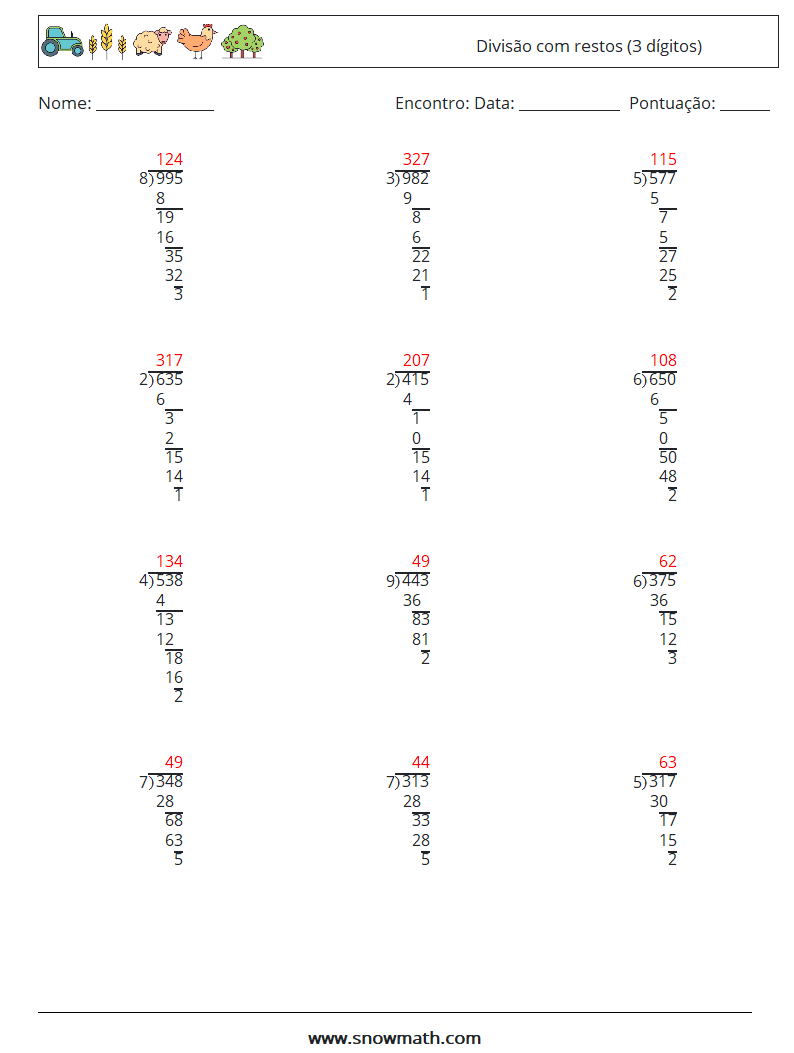 (12) Divisão com restos (3 dígitos) planilhas matemáticas 18 Pergunta, Resposta