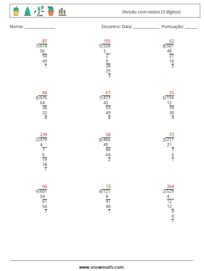 (12) Divisão com restos (3 dígitos) planilhas matemáticas 4 Pergunta, Resposta