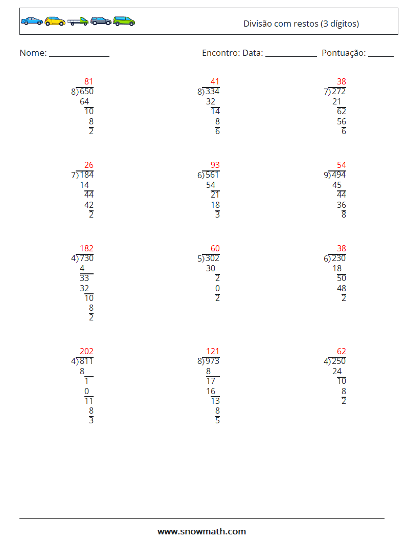 (12) Divisão com restos (3 dígitos) planilhas matemáticas 7 Pergunta, Resposta