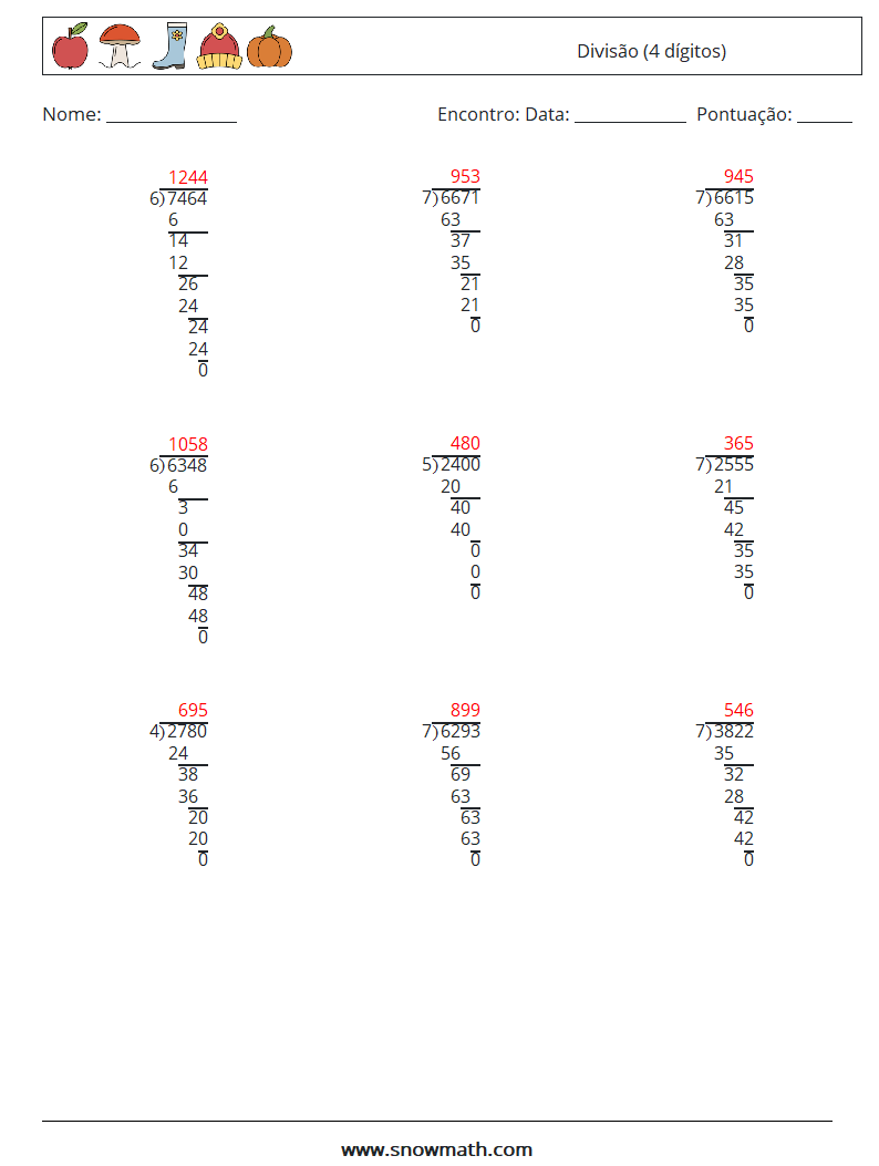 (9) Divisão (4 dígitos) planilhas matemáticas 17 Pergunta, Resposta