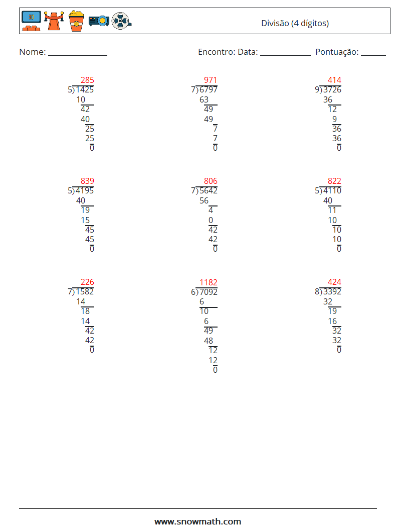 (9) Divisão (4 dígitos) planilhas matemáticas 18 Pergunta, Resposta