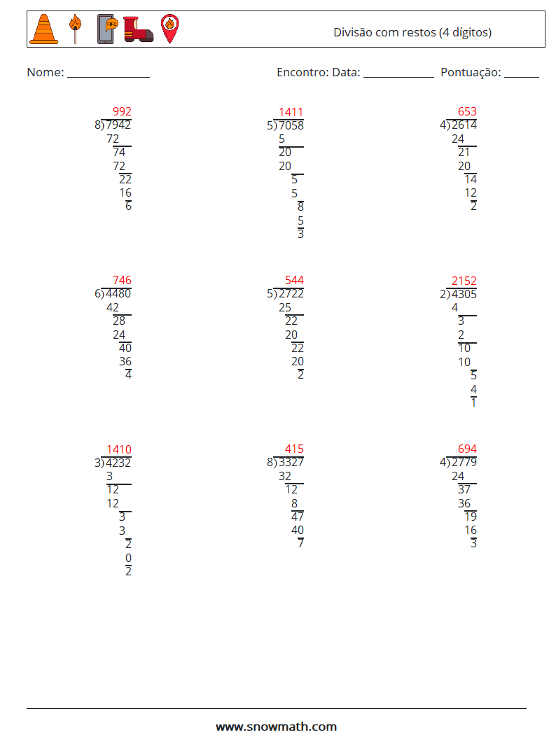 (9) Divisão com restos (4 dígitos) planilhas matemáticas 12 Pergunta, Resposta