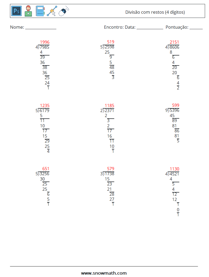 (9) Divisão com restos (4 dígitos) planilhas matemáticas 15 Pergunta, Resposta