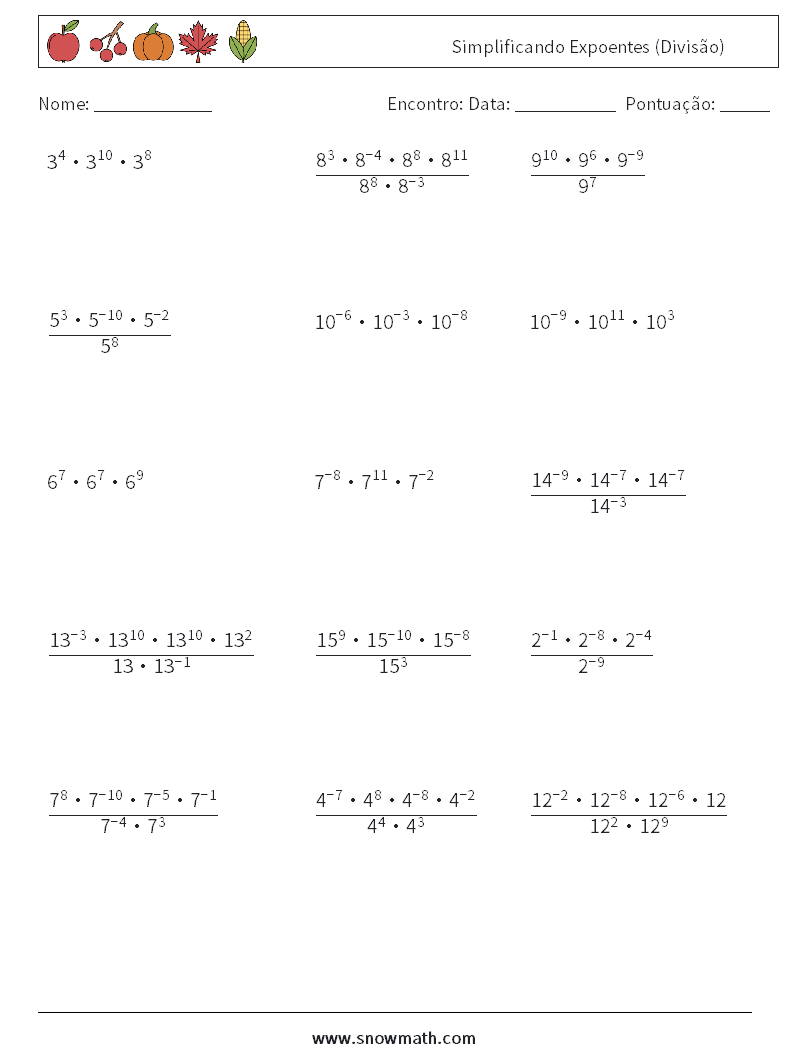 Simplificando Expoentes (Divisão) planilhas matemáticas 3