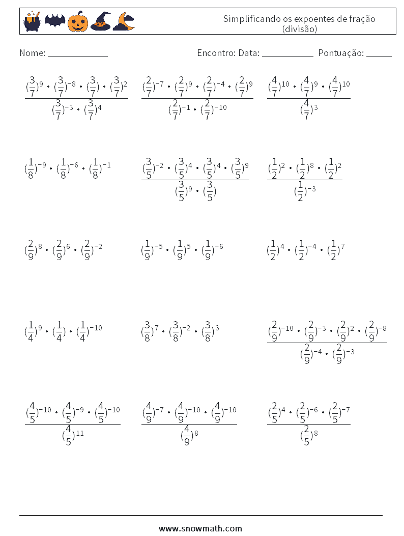 Simplificando os expoentes de fração (divisão) planilhas matemáticas 4