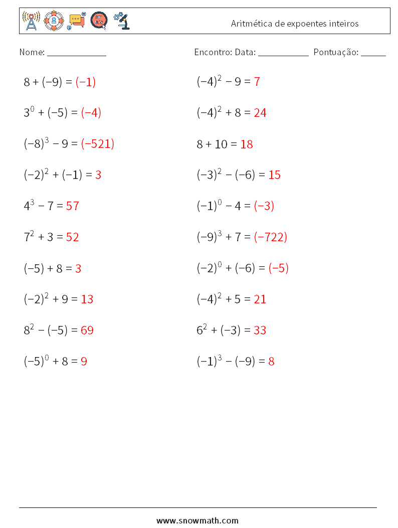 Aritmética de expoentes inteiros planilhas matemáticas 1 Pergunta, Resposta