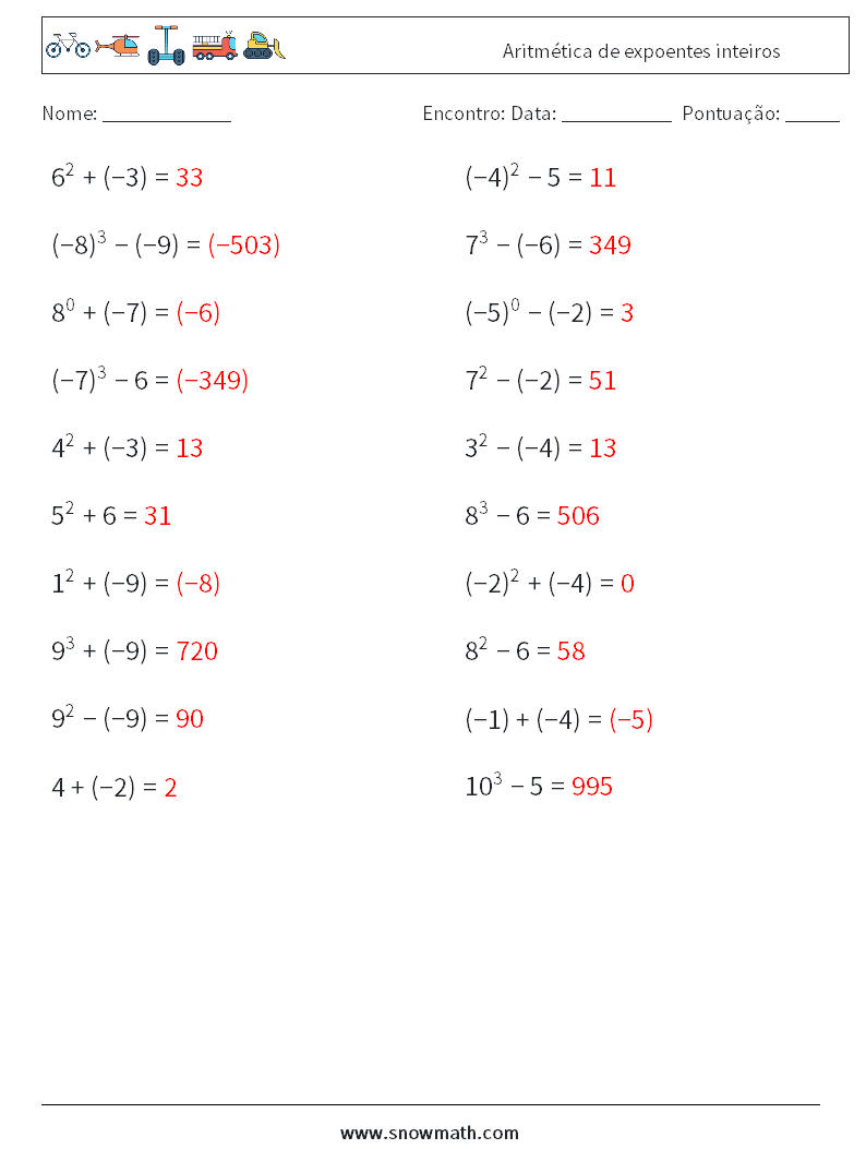 Aritmética de expoentes inteiros planilhas matemáticas 3 Pergunta, Resposta