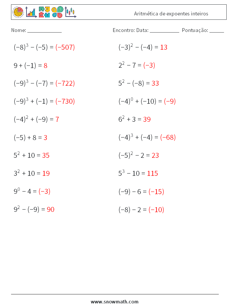 Aritmética de expoentes inteiros planilhas matemáticas 4 Pergunta, Resposta