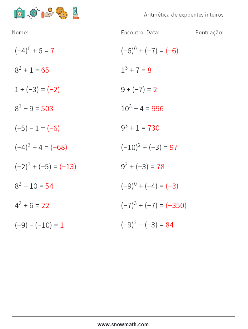 Aritmética de expoentes inteiros planilhas matemáticas 5 Pergunta, Resposta