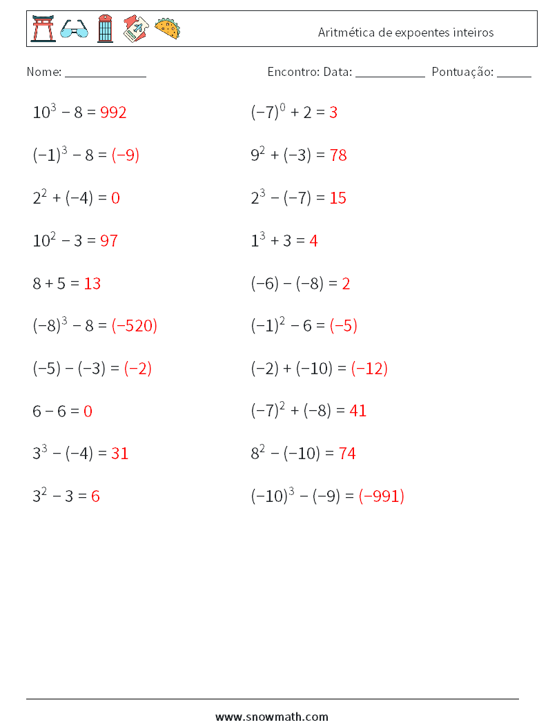 Aritmética de expoentes inteiros planilhas matemáticas 6 Pergunta, Resposta
