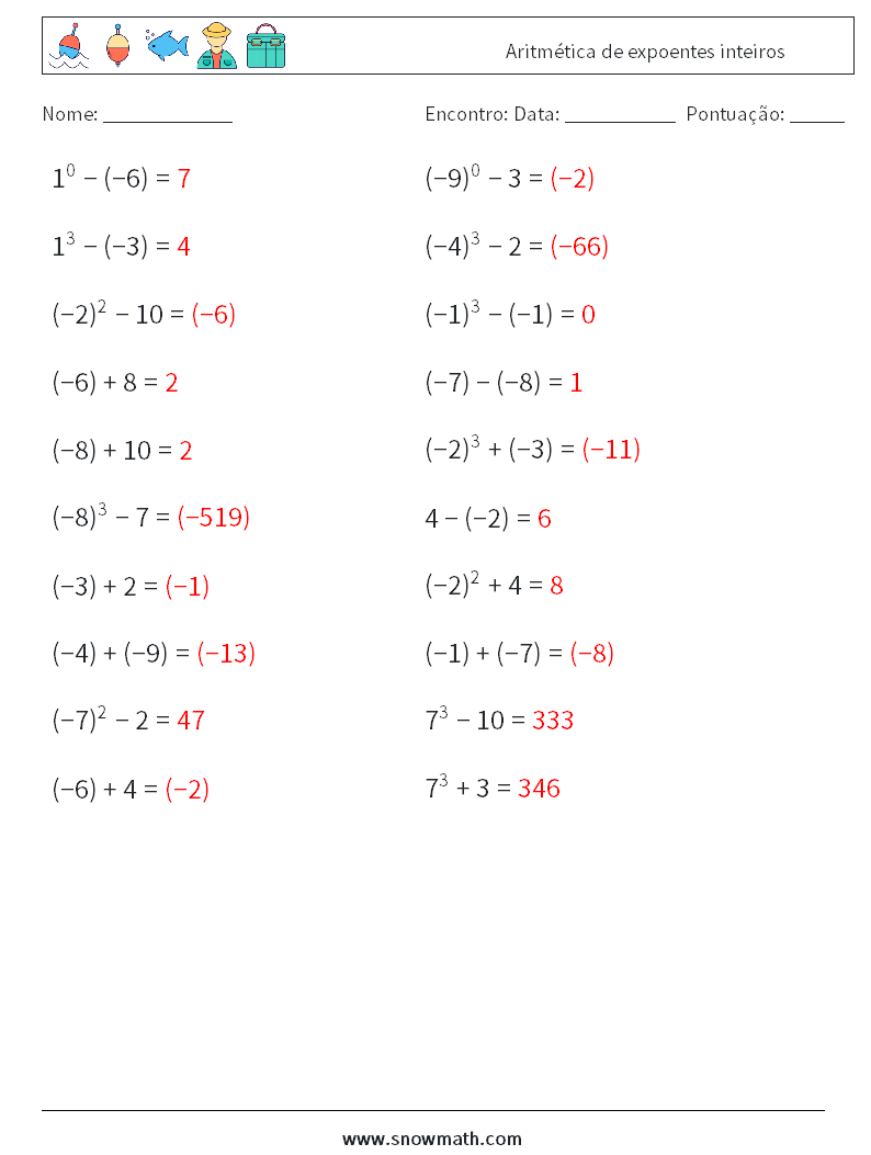 Aritmética de expoentes inteiros planilhas matemáticas 7 Pergunta, Resposta