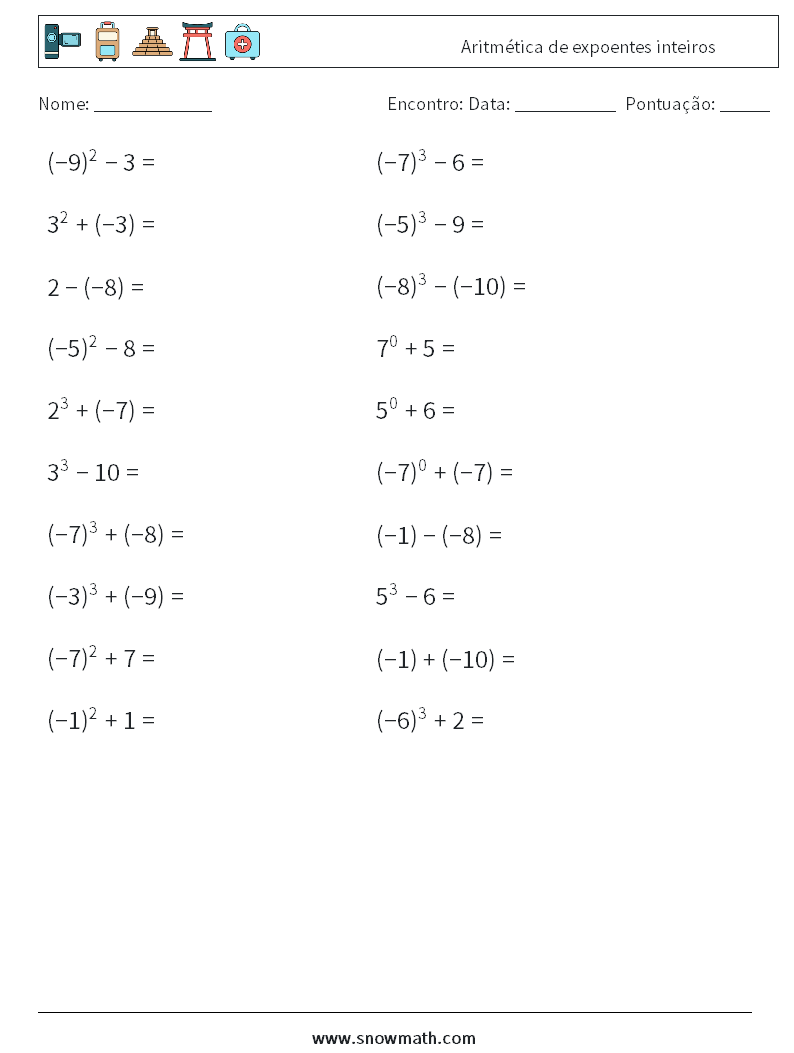 Aritmética de expoentes inteiros planilhas matemáticas 8
