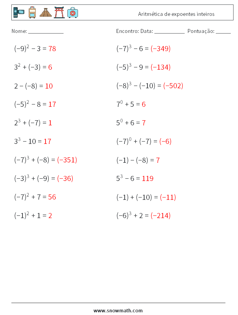 Aritmética de expoentes inteiros planilhas matemáticas 8 Pergunta, Resposta