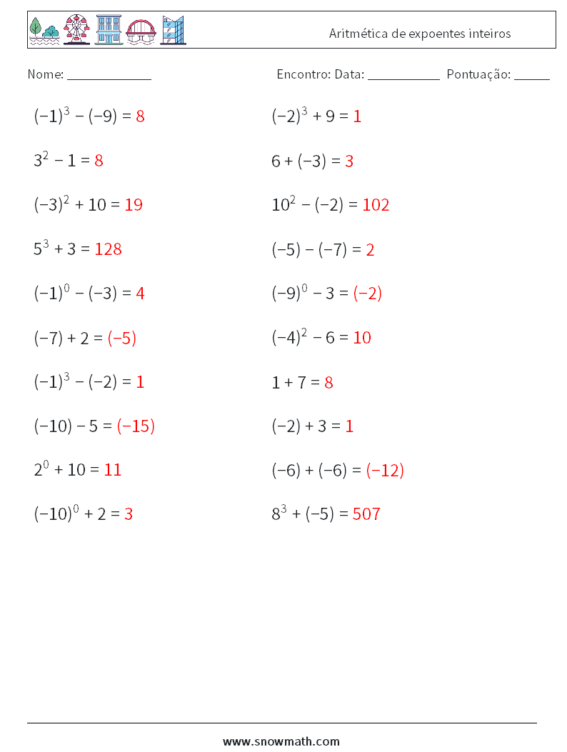 Aritmética de expoentes inteiros planilhas matemáticas 9 Pergunta, Resposta
