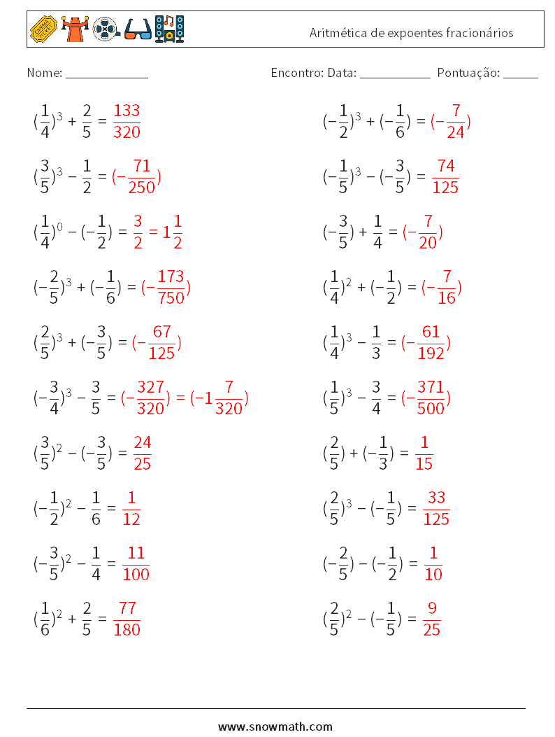 Aritmética de expoentes fracionários planilhas matemáticas 1 Pergunta, Resposta
