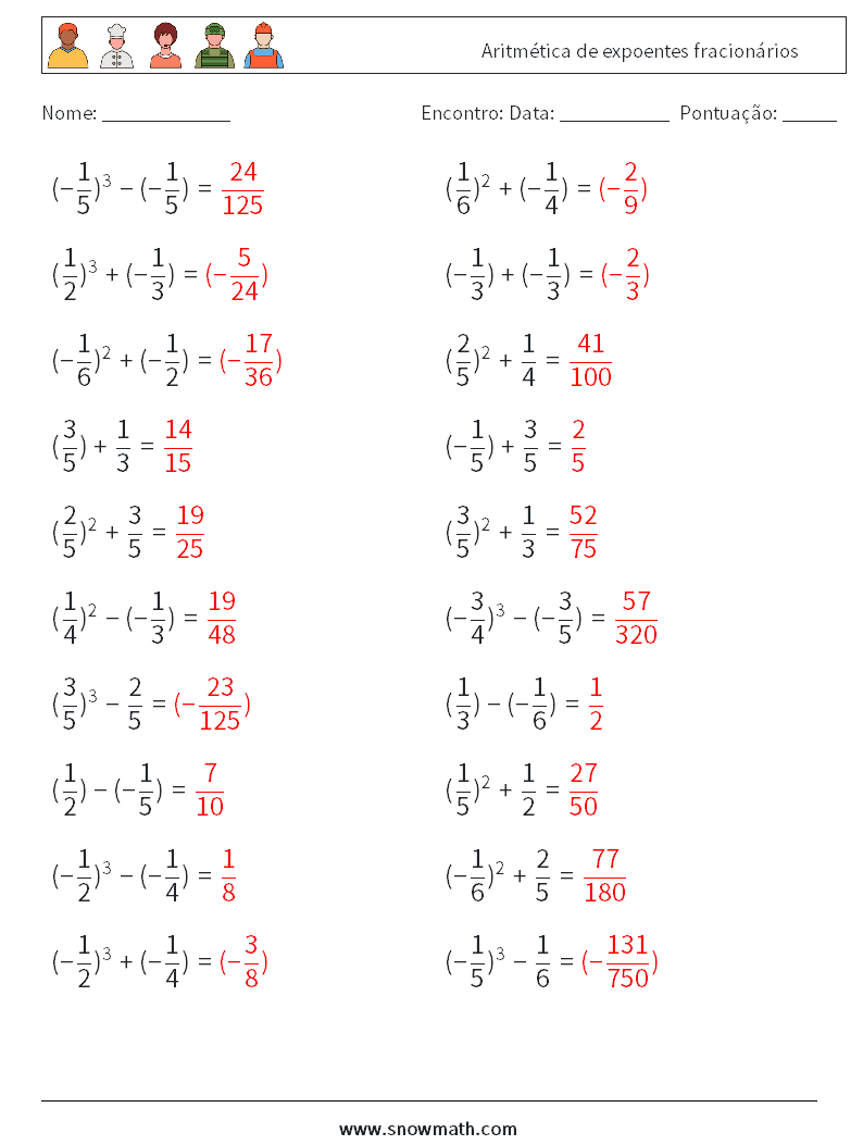 Aritmética de expoentes fracionários planilhas matemáticas 2 Pergunta, Resposta