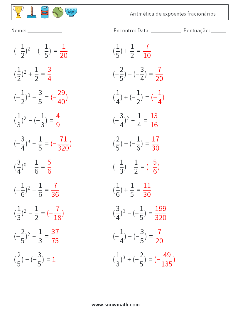 Aritmética de expoentes fracionários planilhas matemáticas 3 Pergunta, Resposta