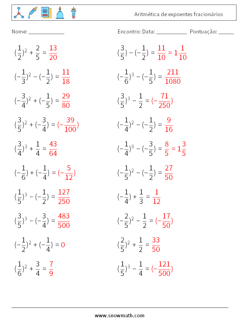 Aritmética de expoentes fracionários planilhas matemáticas 4 Pergunta, Resposta