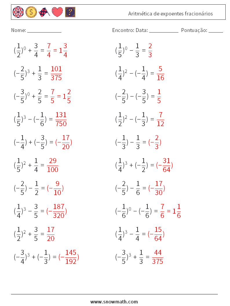 Aritmética de expoentes fracionários planilhas matemáticas 6 Pergunta, Resposta
