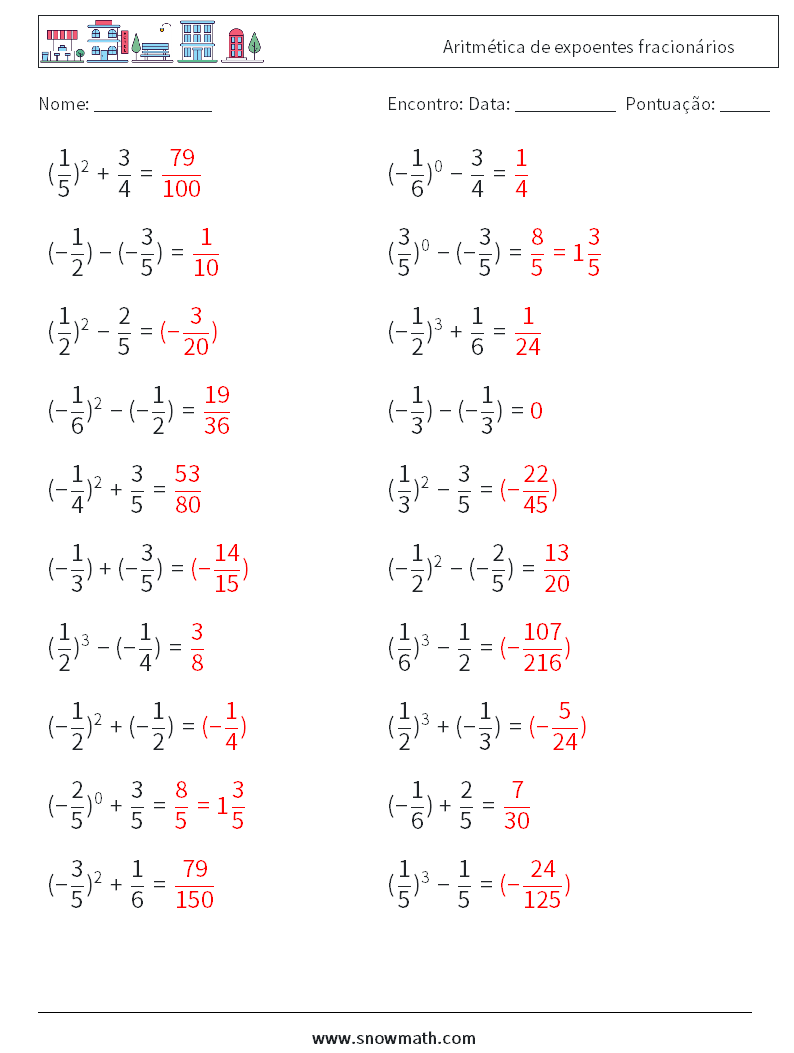 Aritmética de expoentes fracionários planilhas matemáticas 7 Pergunta, Resposta
