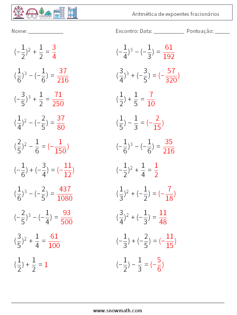 Aritmética de expoentes fracionários planilhas matemáticas 8 Pergunta, Resposta