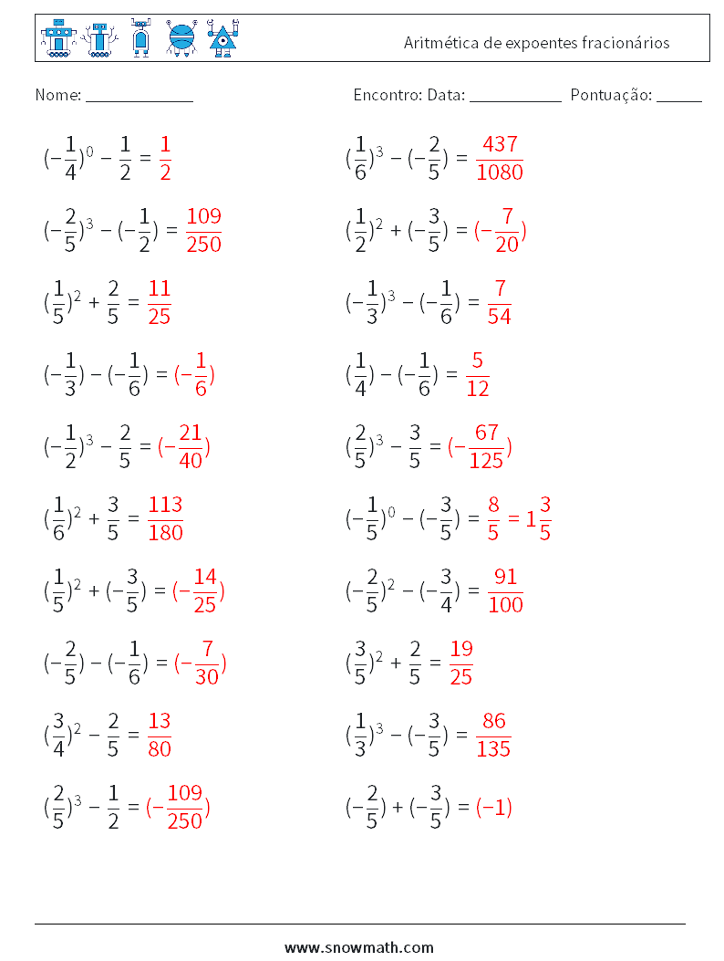 Aritmética de expoentes fracionários planilhas matemáticas 9 Pergunta, Resposta
